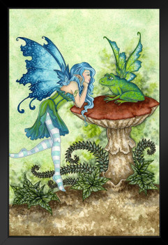 Frog Gossip Woodland Fairy by Amy Brown Fantasy Poster Toadstool Mushroom Nature Magical Black Wood Framed Art Poster 14x20