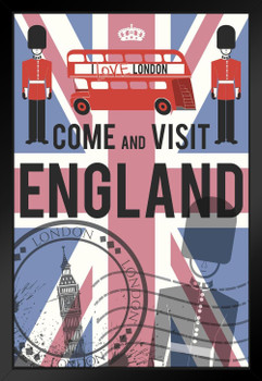 Come and Visit England UK Retro Travel Tourism Art Print Black Wood Framed Poster 14x20