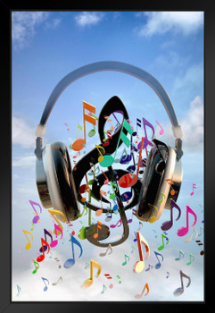 DJ Headphones Playing Colorful Musical Notes Music Poster Rock Roll Gamer Video Game Gaming Black Wood Framed Art Poster 14x20