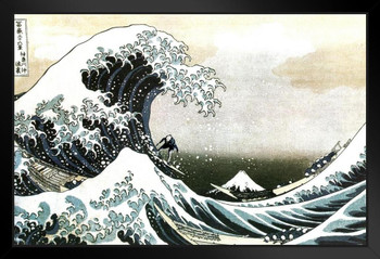Funny Surfing The Great Wave Humor Katsushika Hokusai Poster Traditional Japanese Art Wall Decor Woodblock Art Nature Asian Art Kanagawa Print Hokusai Paintings Black Wood Framed Art Poster 14x20