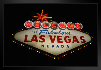 Welcome to Las Vegas Sign Illuminated at Night Las Vegas Nevada Photo Art Print Black Wood Framed Poster 20x14