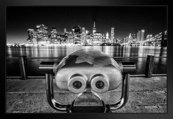 New York City NYC Skyline from Brooklyn Coin Operated Binoculars Photo Art Print Black Wood Framed Poster 20x14