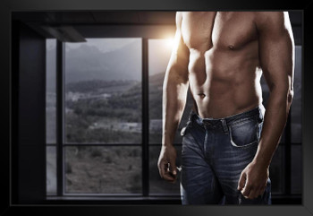 Hot Muscular Man with Rock Hard Abs at Home Photo Art Print Black Wood Framed Poster 20x14