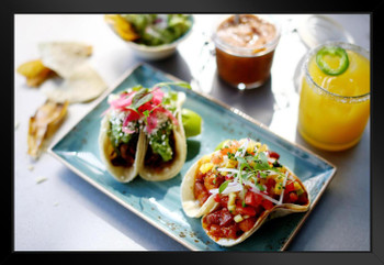 Mexican Street Tacos with Refreshing Margarita Photo Art Print Black Wood Framed Poster 20x14