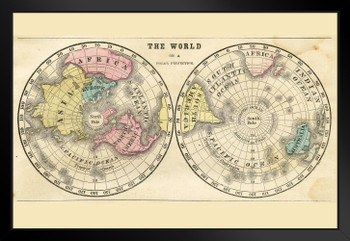 Polar Projection of the World 1856 Antique Style Map Travel World Map with Cities in Detail Map Posters for Wall Map Art Wall Decor Geographical Illustration Black Wood Framed Art Poster 20x14