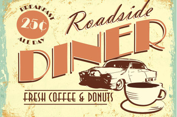 Roadside Diner Fresh Coffee and Donuts Vintage Sign Art Print Cool Huge Large Giant Poster Art 54x36