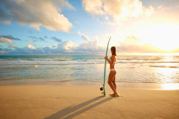 Asian Woman Beauty Holding Surfboard Sandy Beach Photo Photograph Cool Wall Decor Art Print Poster 36x24
