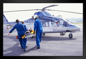 Nurses and Pilot Carrying Patient on Stretcher to Helicopter Photo Black Wood Framed Art Poster 20x14