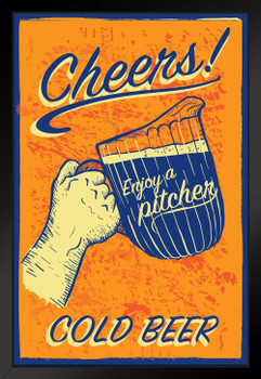 Cheers Enjoy a Pitcher of Cold Beer Retro Art Print Black Wood Framed Poster 14x20