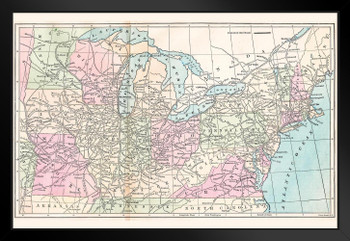 Travel Routes in the United States 1875 Antique Style Map with Cities in Detail Map Posters for Wall Map Art Wall Decor Country Illustration Tourist Destinations Black Wood Framed Art Poster 20x14