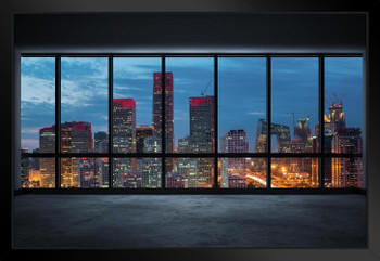Office Window Over an Illuminated City Beijing China Skyline Photo Art Print Black Wood Framed Poster 20x14