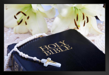 A Rosary on a Bible with Easter Lilies Photo Art Print Black Wood Framed Poster 20x14