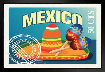 Mexican Sombrero and Maracas Vintage Travel Stamp Art Print Black Wood Framed Poster 20x14