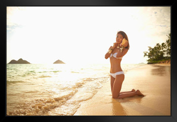 Asian Woman Listening Seashell Tropical Beach Photo Art Print Black Wood Framed Poster 20x14