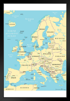 Political Map of Europe Travel World Map with Cities in Detail Map Posters for Wall Map Art Wall Decor Geographical Illustration Tourist Travel Destinations Black Wood Framed Art Poster 14x20