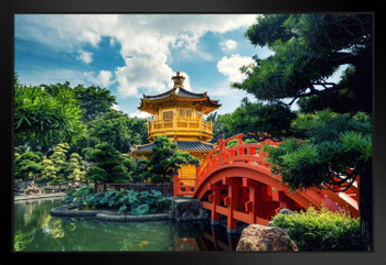 Golden Pavilion Temple With Red Bridge Nan Lian Garden Hong Kong Photo Art Print Black Wood Framed Poster 20x14