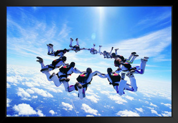 Group of Skydivers in Circle Formation Photo Art Print Black Wood Framed Poster 20x14