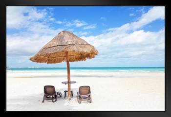 Sunshade And Lounge Chairs Tropical Sandy Beach I Photo Art Print Black Wood Framed Poster 20x14