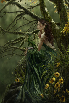 Queen of Fate Green Dragon by Nene Thomas Fantasy Poster Fairy Princess Sitting In Woods Forest Cool Wall Decor Art Print Poster 12x18