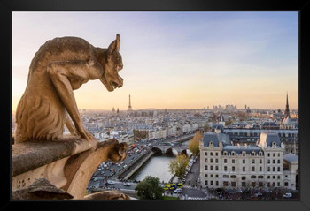 Notre Dame Cathedral Gargoyle Paris City Skyline Landscape Photo Photograph Black Wood Framed Art Poster 20x14