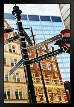 Signpost in London Buckingham Palace Westminster Abbey Underground Photo Art Print Black Wood Framed Poster 14x20