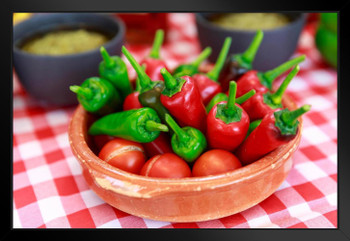 Fresh Peppers and Tomatoes on Picnic Tablecloth Photo Art Print Black Wood Framed Poster 20x14