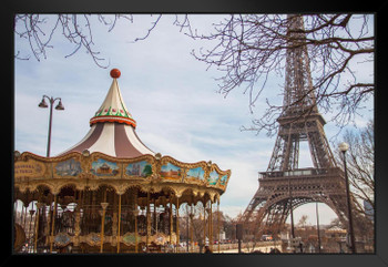 Eiffel Tower Carousel Merry Go Round Paris France Photo Art Print Black Wood Framed Poster 20x14