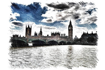 London England Thames River Big Ben House of Parliament Sketch Cool Wall Decor Art Print Poster 36x24