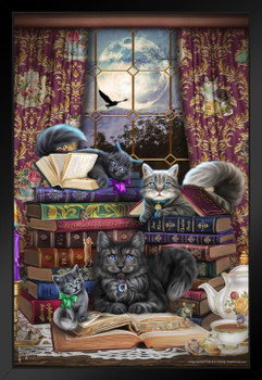 Storytime Cats and Books by Brigid Ashwood Cat Posters for Wall Funny Cat Decor Fantasy Library Cool Down Poster Kitten Poster for Wall Black Wood Framed Art Poster 14x20