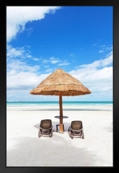 Sunshade Lounge Chairs Beer Commercial Palapa Tropical Sandy Beach II Photo Photograph Sunset Palm Landscape Pictures Ocean Scenic Scenery Paradise Scenes Black Wood Framed Art Poster 14x20