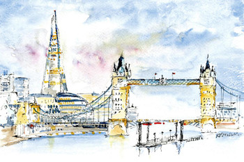 London England Shard Tower Bridge Tower Hall British Britain UK Illustration Cool Huge Large Giant Poster Art 54x36
