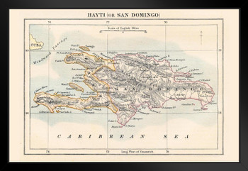 Haiti And Dominican Republic Antique Map Poster 1883 Historical San Domingo Near Cuba Geography Cartography Chart Black Wood Framed Art Poster 20x14