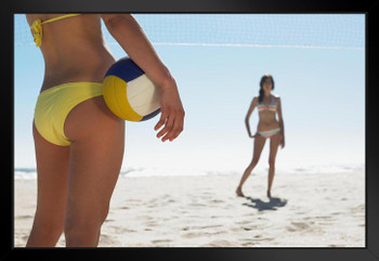 Sexy Young Women in Bikinis Playing Volleyball Photo Art Print Black Wood Framed Poster 20x14