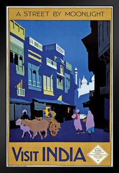 Visit India Moonlight Vintage Travel Art Print Black Wood Framed Poster 14x20