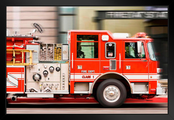 Fire Truck in Motion Photo Black Wood Framed Art Poster 20x14