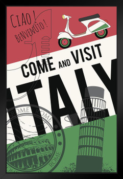 Come and Visit Italy Retro Vintage Travel Tourism Italian Flag Scooter Motorcycle Tourist Rome Venice Milan Black Wood Framed Art Poster 14x20
