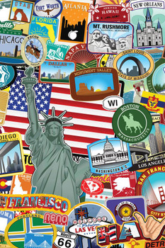 Americana Sticker Collage Travel Landmarks Sightseeing State Flag Patriotic Posters American Flag Poster Of Flags For Wall Flags Poster US Cool Huge Large Giant Poster Art 36x54
