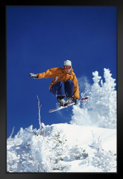 Young Woman Freestyle Snowboarding Mid Air Shot Photo Art Print Black Wood Framed Poster 14x20