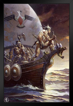 Viking Poster Gothic Fantasy Wall Art Kane on The Golden Sea by Frank Frazetta Black Wood Framed Art Poster 14x20