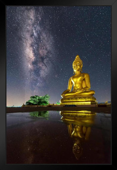 Milky Way and Great Buddha Statue Chiang Rai Photo Art Print Black Wood Framed Poster 14x20