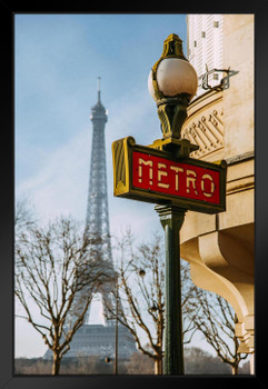 Paris Metro Sign with Eiffel Tower in Background Photo Art Print Black Wood Framed Poster 14x20
