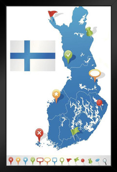 Map of Finland with Flag and Navigation Icons Travel World Map with Icons in Detail Map Posters for Wall Map Art Wall Decor Geographical Illustration Travel Black Wood Framed Art Poster 14x20