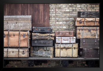 Vintage Leather Suitcases Stacked Vertically Spreewald Germany Photo Art Print Black Wood Framed Poster 20x14