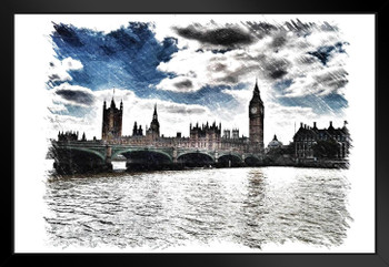 London England Thames River Big Ben House of Parliament Sketch Art Print Black Wood Framed Poster 20x14