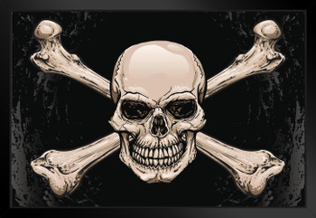 Skull Crossbones Pirates Symbol Warning Sign Poster Artistic Drawing Illustration Human Skeleton Death Black Wood Framed Art Poster 20x14