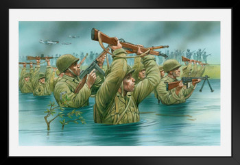 American Soldiers Wading in Water During D Day Landing Art Print Black Wood Framed Poster 20x14