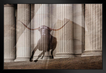 Bull Money Wall Street Columns 100 Dollar Bill Photo Art Print Black Wood Framed Poster 20x14