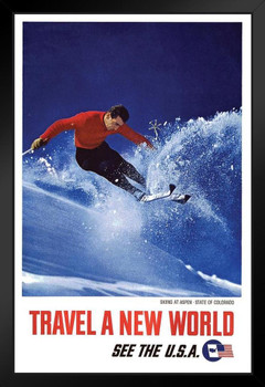 Aspen Colorado Skiing See The USA Retro Travel Art Print Black Wood Framed Poster 14x20