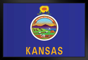 Kansas State Flag Seal Poster Topeka Kansas City Sunflower State Flag Education Patriotic American Flag Black Wood Framed Art Poster 20x14