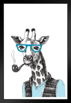 Hipster Giraffe Smoking A Pipe Illustration Art Print Black Wood Framed Poster 14x20